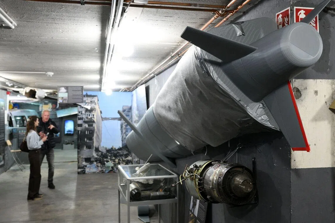 The remains of a Russian cruise missile KH-101 on display in the Berlin Story Bunker exhibition.