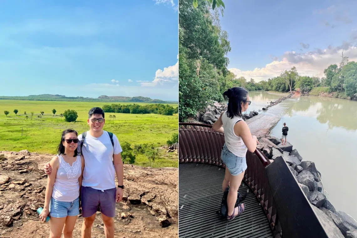 Ms Weng Enqi and her husband, Mr Wayne Chan, at Kakadu National Park (left) and Cahills Crossing (right).