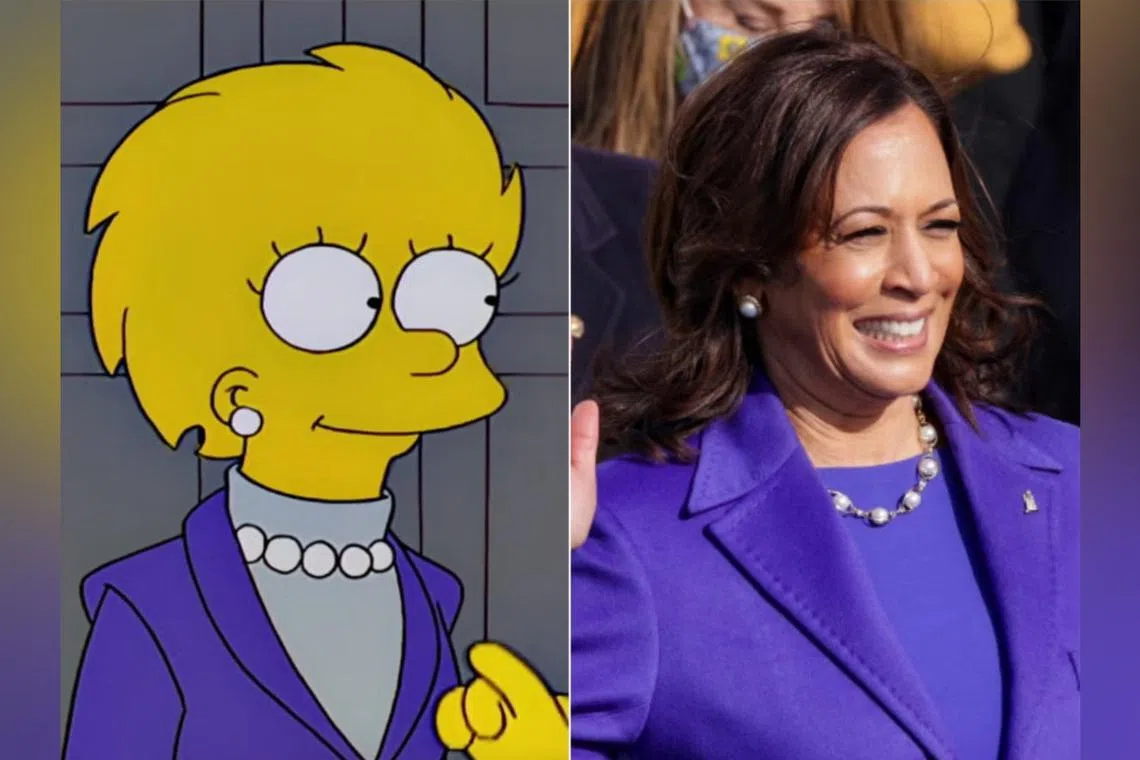 In the episode, Lisa Simpson (left) wore an outfit strikingly similar to the one US Vice-President Kamala Harris wore to the 2021 presidential inauguration, including her accessories.