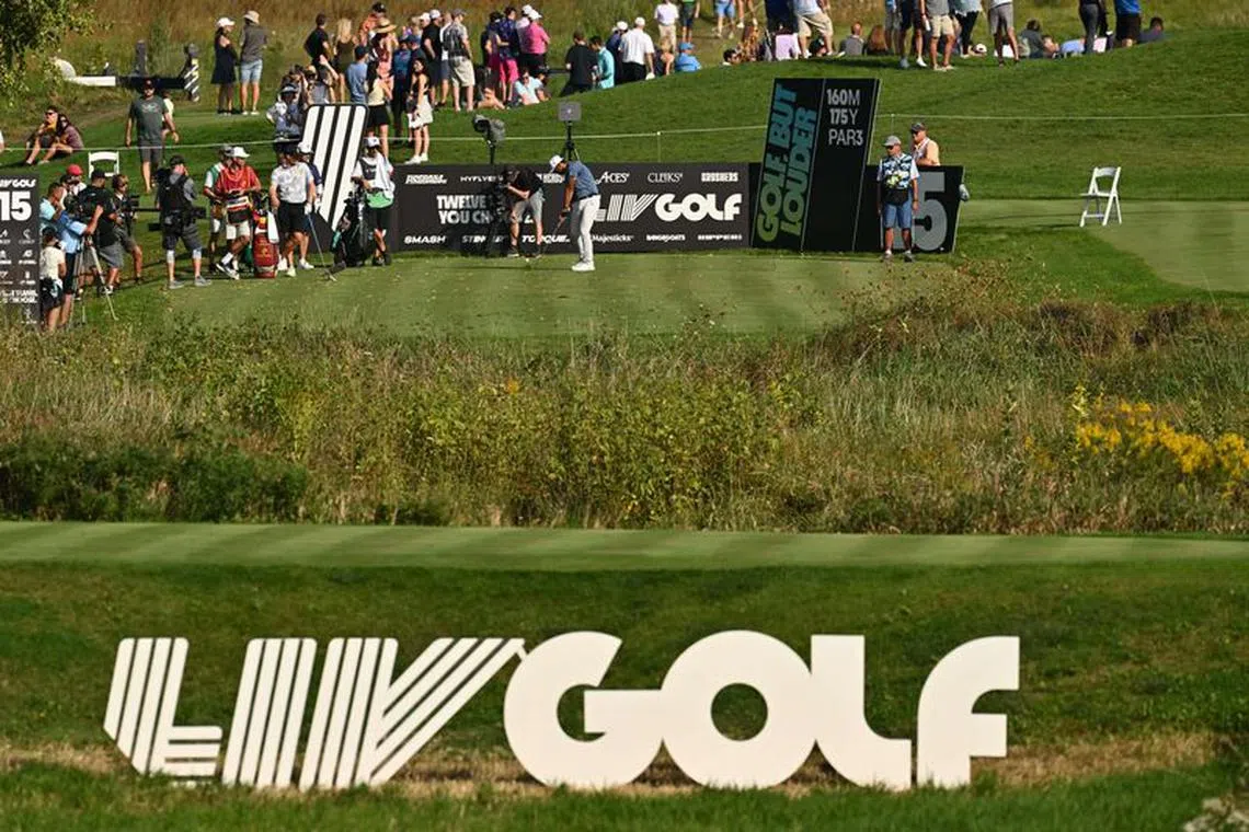 Sep 23, 2023; Sugar Grove, Illinois, USA; Sebastian Munoz tees off from the 15th tee during the second round of the LIV Golf Chicago golf tournament at Rich Harvest Farms. Mandatory Credit: Jamie Sabau-USA TODAY Sports/File photo