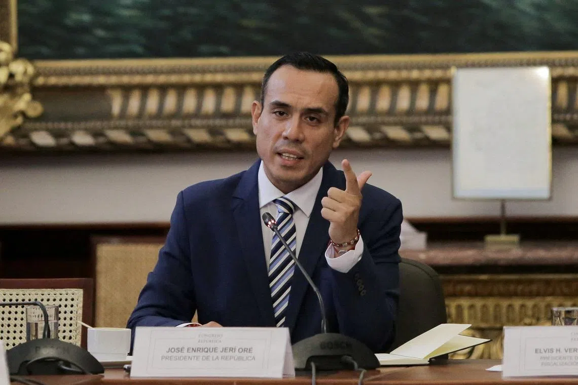 Peruvian President Jose Jeri testifies before a congressional committee to address undisclosed meetings with a Chinese businessman, a case that has intensified scrutiny over his government's transparency and accountability, in Lima, Peru, January 21, 2026. REUTERS/Gerardo Marin