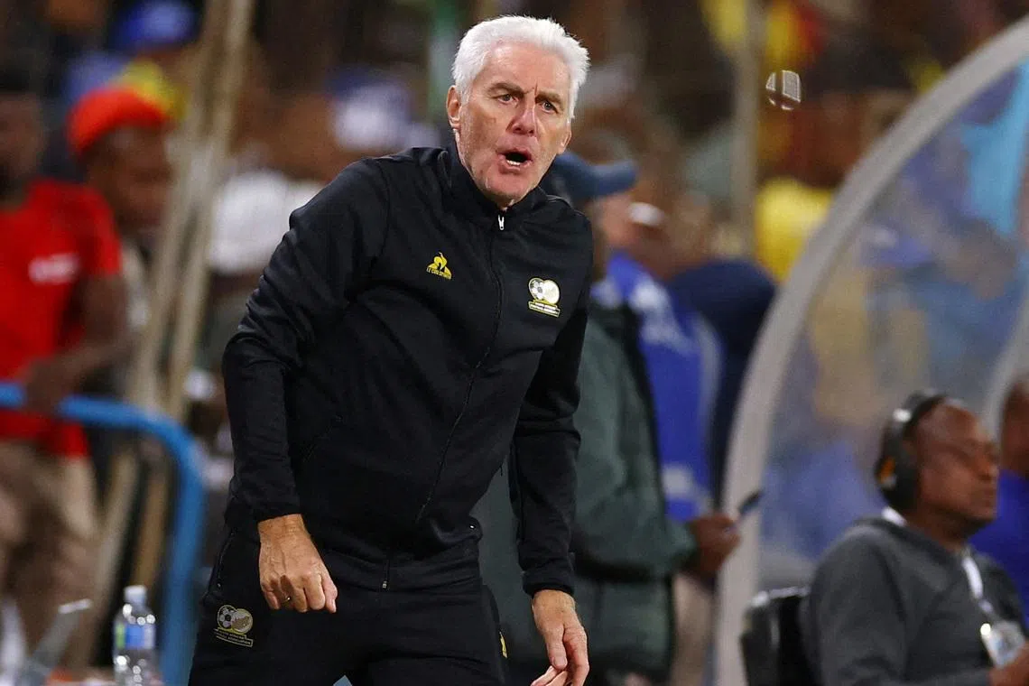 FILE PHOTO: Soccer Football - World Cup - CAF Qualifiers - Group C - Lesotho v South Africa - Toyota Stadium, Bloemfontein, South Africa - September 5, 2025 South Africa coach Hugo Broos reacts REUTERS/Siphiwe Sibeko/File Photo