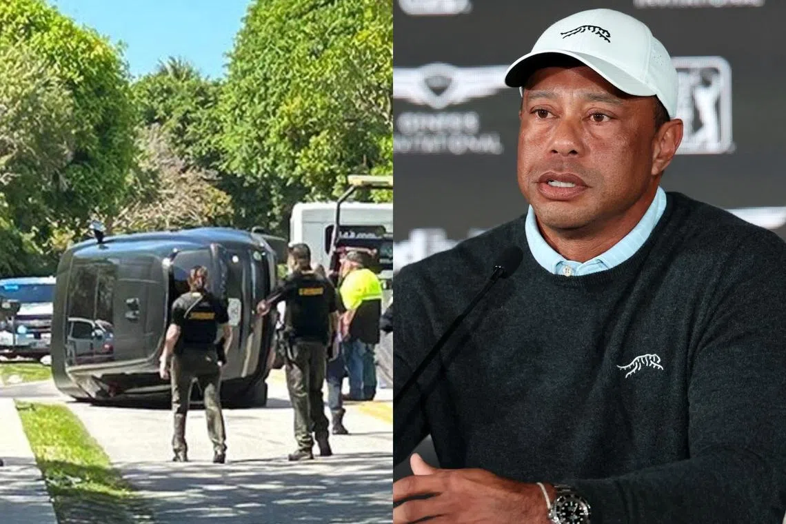 A photo circulating online (left) that is said the show the accident scene in Florida involving former world No. 1 golfer Tiger Woods.
