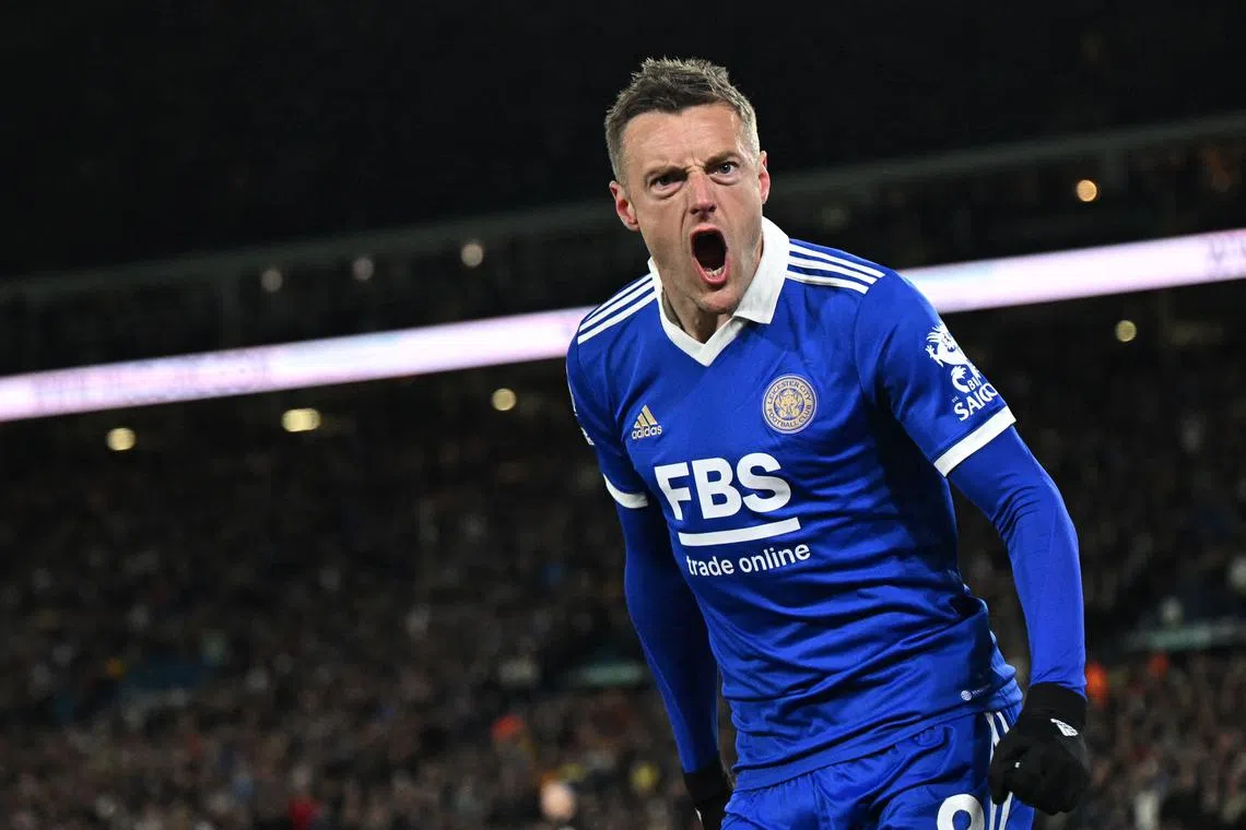Leicester City's English striker Jamie Vardy celebrates after scoring his equaliser.