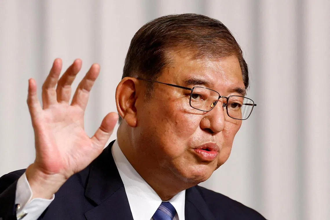 Mr Shigeru Ishiba, the newly elected leader of Japan's ruling party, the Liberal Democratic Party (LDP), at a press conference after the LDP leadership election in Tokyo on Sept 27. 