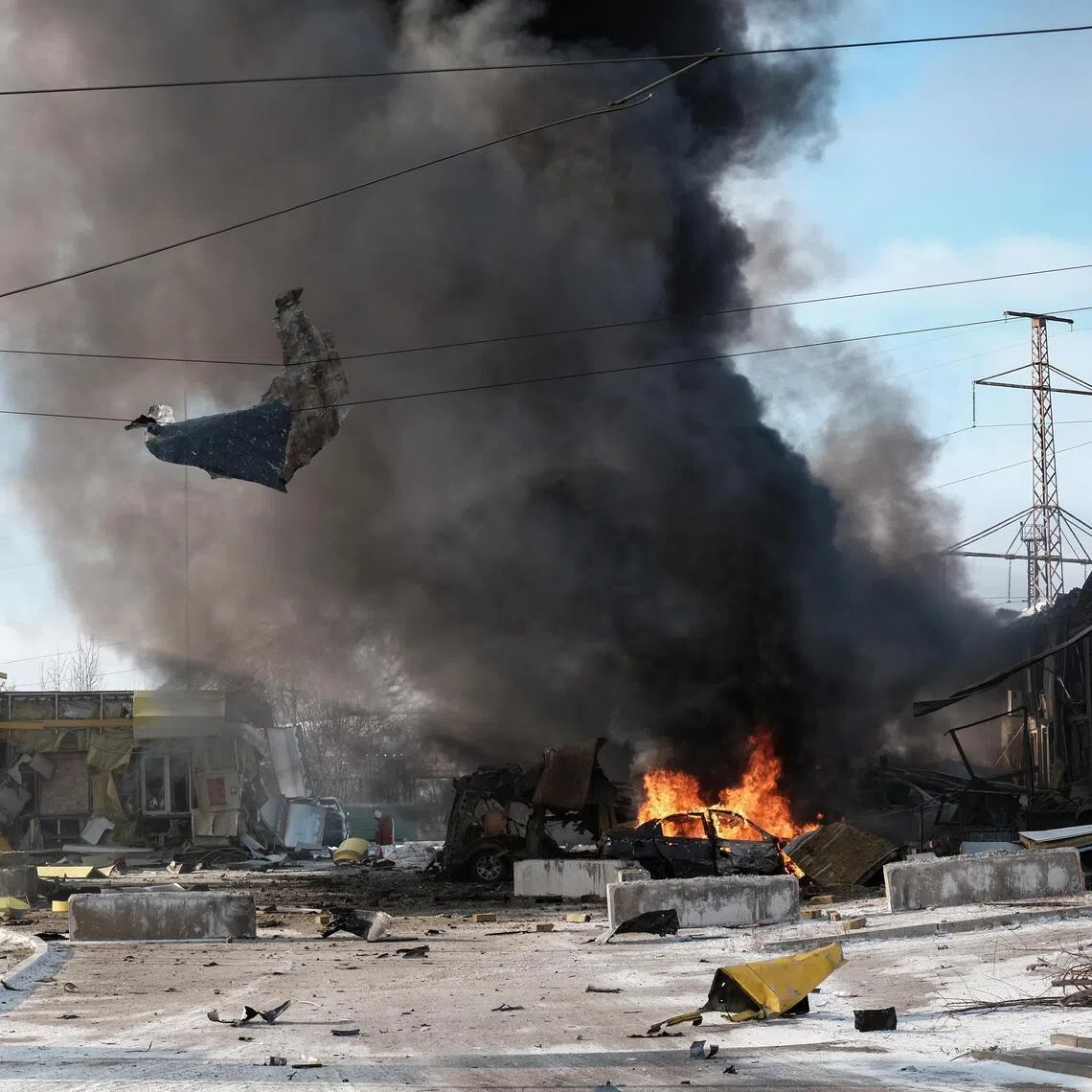Smoke billowing from a Russian double-tap  air strike on a petrol station in Kramatorsk, in Ukraine's Donetsk region on Feb 9.