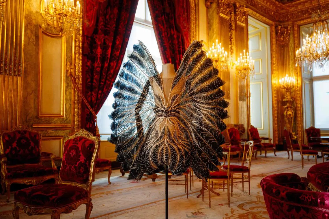 This photograph shows a dress created by Dutch fashion designer Iris van Herpen from the Haute Couture 2018-2019 collection displayed at the exhibition "Louvre Couture, Art and fashion: statement pieces" at the Louvre Museum in Paris on January 23, 2025. Dresses, jewellery and other fashion accessories are set among vases, liturgical objects, armour, tapestries, furniture and rich ornaments from the Middle Ages to the Empire, from the Renaissance to the Grand siècle of Louis XIV. (Photo by Dimitar DILKOFF / AFP) / RESTRICTED TO EDITORIAL USE - MANDATORY MENTION OF THE ARTIST UPON PUBLICATION - TO ILLUSTRATE THE EVENT AS SPECIFIED IN THE CAPTION