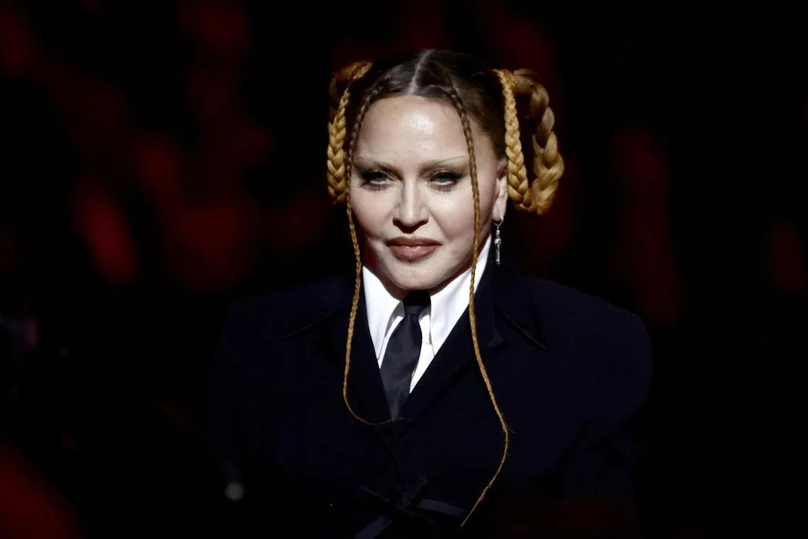 LOS ANGELES, CALIFORNIA - FEBRUARY 05: (FOR EDITORIAL USE ONLY) Madonna speaks onstage during the 65th GRAMMY Awards at Crypto.com Arena on February 05, 2023 in Los Angeles, California.   Frazer Harrison/Getty Images/AFP (Photo by Frazer Harrison / GETTY IMAGES NORTH AMERICA / Getty Images via AFP)