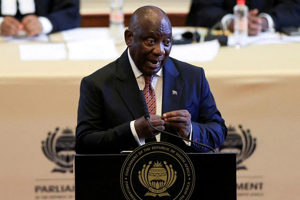 FILE PHOTO: South African President Cyril Ramaphosa delivers his 2025 State of the Nation Address in Cape Town, South Africa, February 6, 2025. REUTERS/Esa Alexander//File Photo