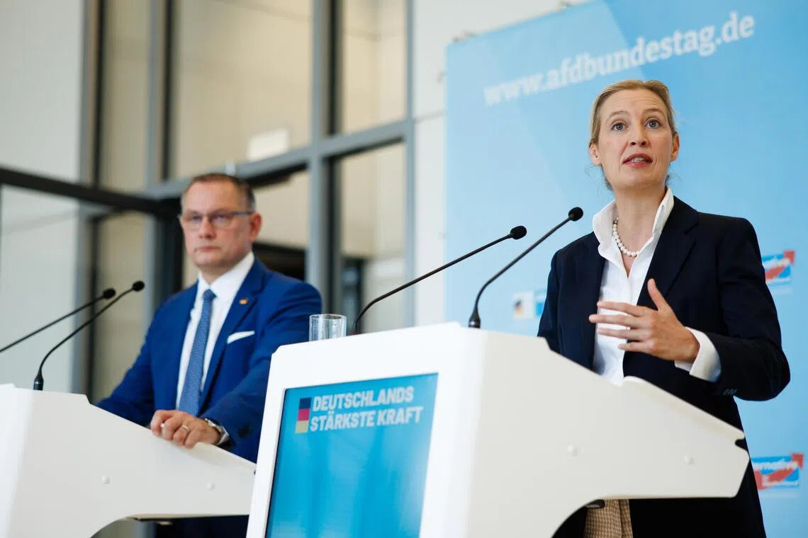 AfD co-chairwoman Alice Weidel (right) taking part in a media briefing in Berlin, Germany, on Oct 6, with co-chairman Tino Chrupalla.