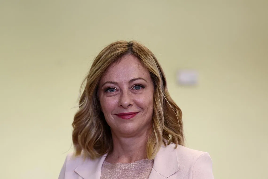 FILE PHOTO: Italy's Prime Minister Giorgia Meloni reacts at a polling station on the day of the European Parliament elections, in Rome, Italy June 8, 2024. REUTERS/Yara Nardi/File Photo