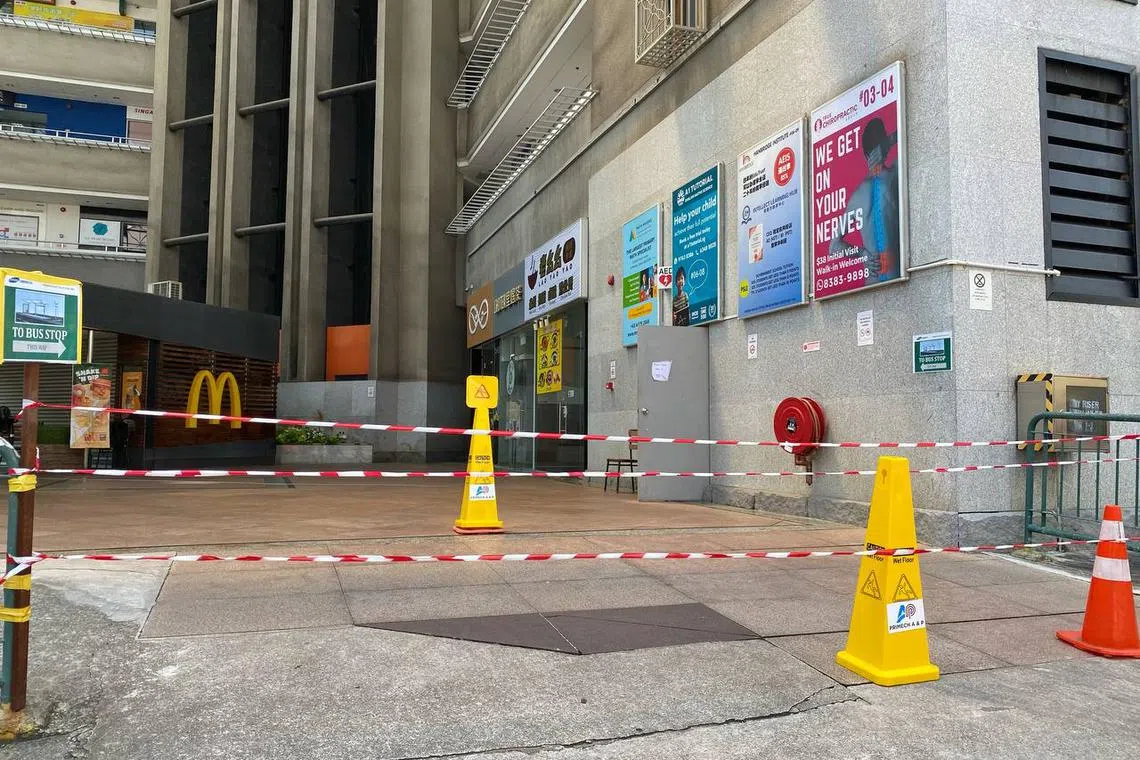 Cordons seen at the front entrance of Parkway Centre on June 29, 2023