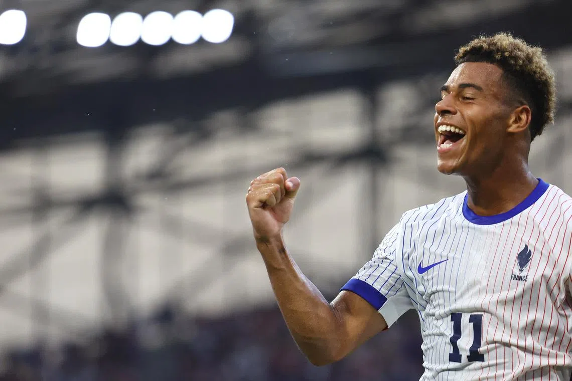 Paris 2024 Olympics - Football - Men's Group A - New Zealand vs France - Marseille Stadium, Marseille, France - July 30, 2024. Desire Doue of France celebrates scoring their second goal. REUTERS/Luisa Gonzalez/File Photo