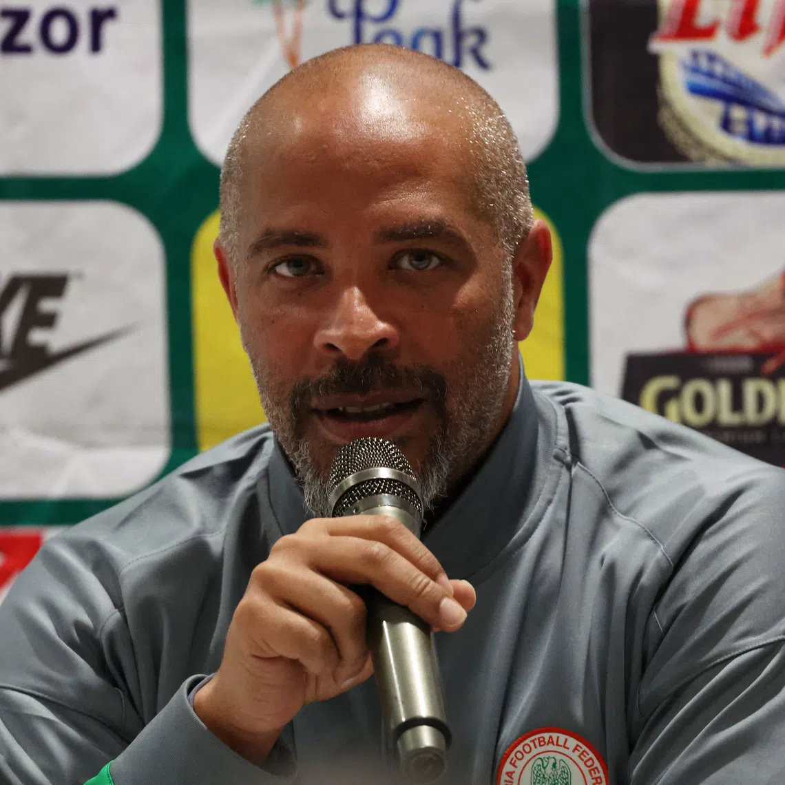 Soccer Football - FIFA World Cup - CAF Qualifiers - Nigeria Press Conference - Godswill Akpabio International Stadium, Uyo, Nigeria - October 13, 2025 Nigeria coach Eric Chelle during the press conference REUTERS/Sodiq Adelakun