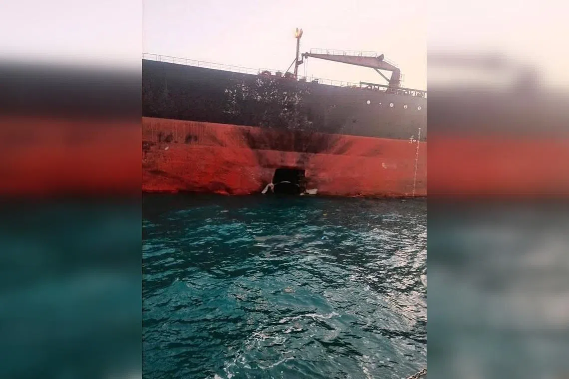 An image circulating on social media that is said to show the Bahamas-flagged crude oil tanker Sonangol Namibe after it was hit by a drone boat while anchored near Iraq 