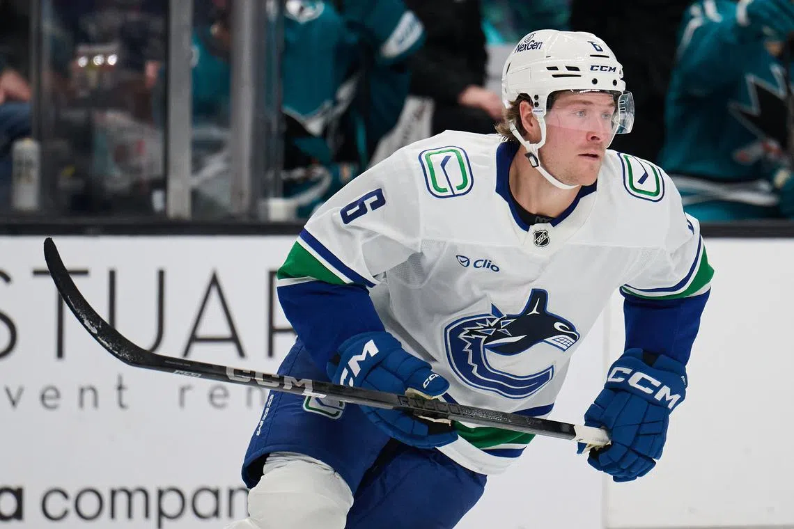 Nov 2, 2024; San Jose, California, USA; Vancouver Canucks right wing Brock Boeser (6) skates against the San Jose Sharks during the second period at SAP Center at San Jose. Mandatory Credit: Robert Edwards-Imagn Images/ File Photo