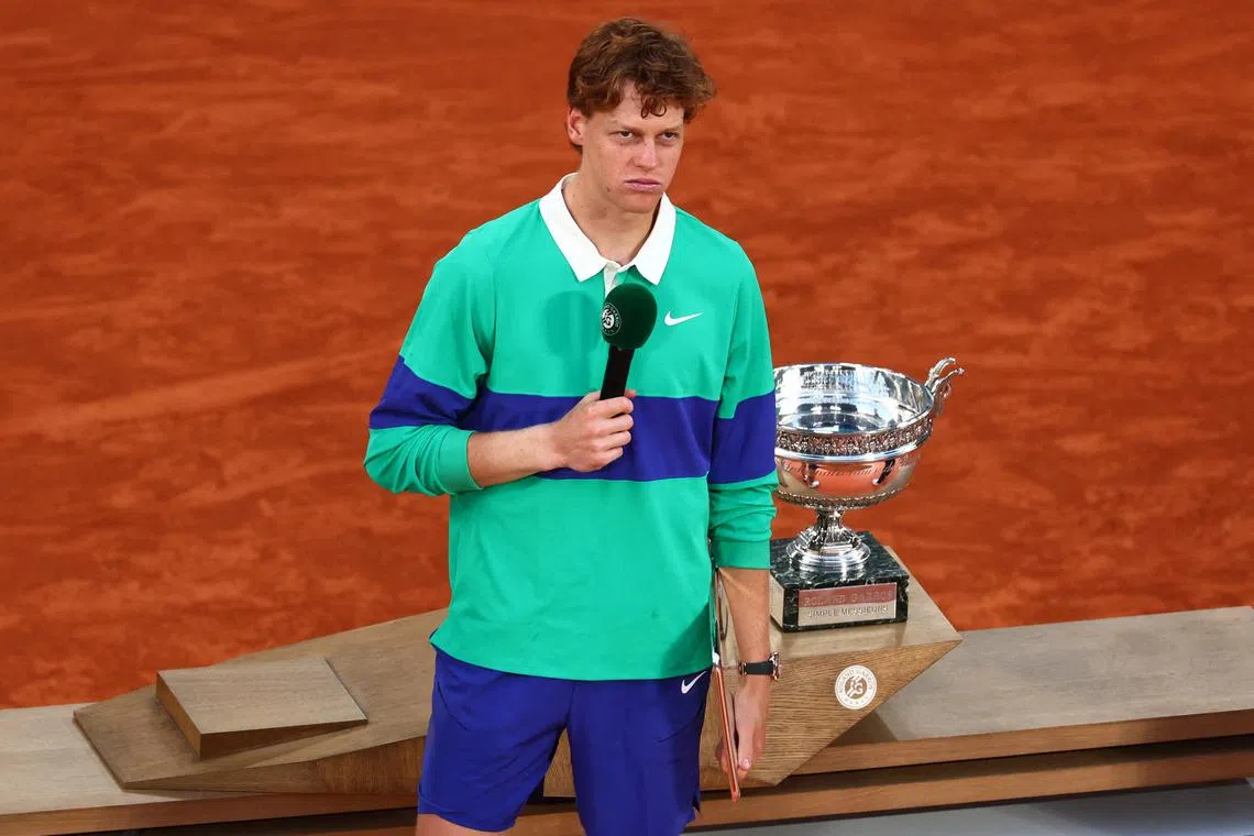 Tennis - French Open - Roland Garros, Paris, France - June 8, 2025 Italy's Jannik Sinner looks dejected after losing the men's singles final against Spain's Carlos Alcaraz REUTERS/Denis Balibouse