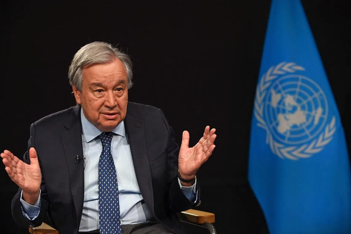 UN Secretary-General Antonio Guterres speaks during an interview at the United Nations headquarters ahead of the COP28 meeting in New York, November 29, 2023. The COP28 climate conference should aim for a complete "phaseout" of fossil fuels, UN Secretary-General Antonio Guterres told AFP on November 29, warning of "total disaster" on humanity's current trajectory.
"Obviously I am strongly in favor of language that includes (a) phaseout, even with a reasonable time framework," Guterres said in an interview before flying off to the United Arab Emirates, the oil-rich nation hosting the two-week UN climate summit beginning November 30. (Photo by Andrea RENAULT / AFP)