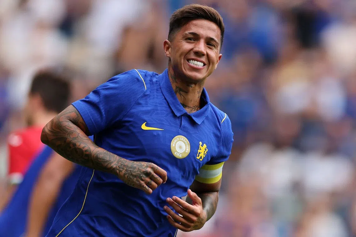 Chelsea's Argentinian midfielder #08 Enzo Fernandez reacts after failing to score during the pre-season friendly football match between Chelsea and Real Sociedad at Stamford Bridge in London on August 15, 2026. (Photo by Adrian DENNIS / AFP)