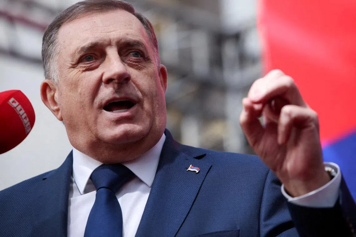 FILE PHOTO: Milorad Dodik, President of Bosnia's Serb Republic, addresses supporters reacting to a court decision on charges that he defied rulings by an international peace envoy, in Banja Luka, Bosnia and Herzegovina, February 25, 2025. REUTERS/Amel Emric/File Photo/File Photo
