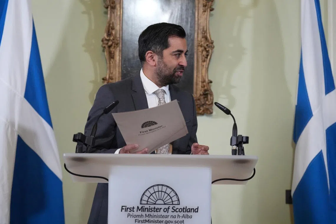 Scotland's First Minister Humza Yousaf speaks during a press conference at Bute House, his official residence where he said he will resign as SNP leader and Scotland's First Minister, avoiding having to face a no-confidence vote in his leadership, in Edinburgh, Britain, April 29, 2024. Andrew Milligan/Pool via REUTERS