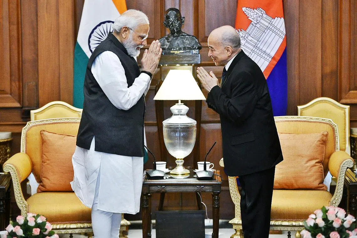 Indian PM Narendra Modi (left) and Cambodian King Norodom Sihamoni before their meeting in New Delhi, on May 30, 2023. 