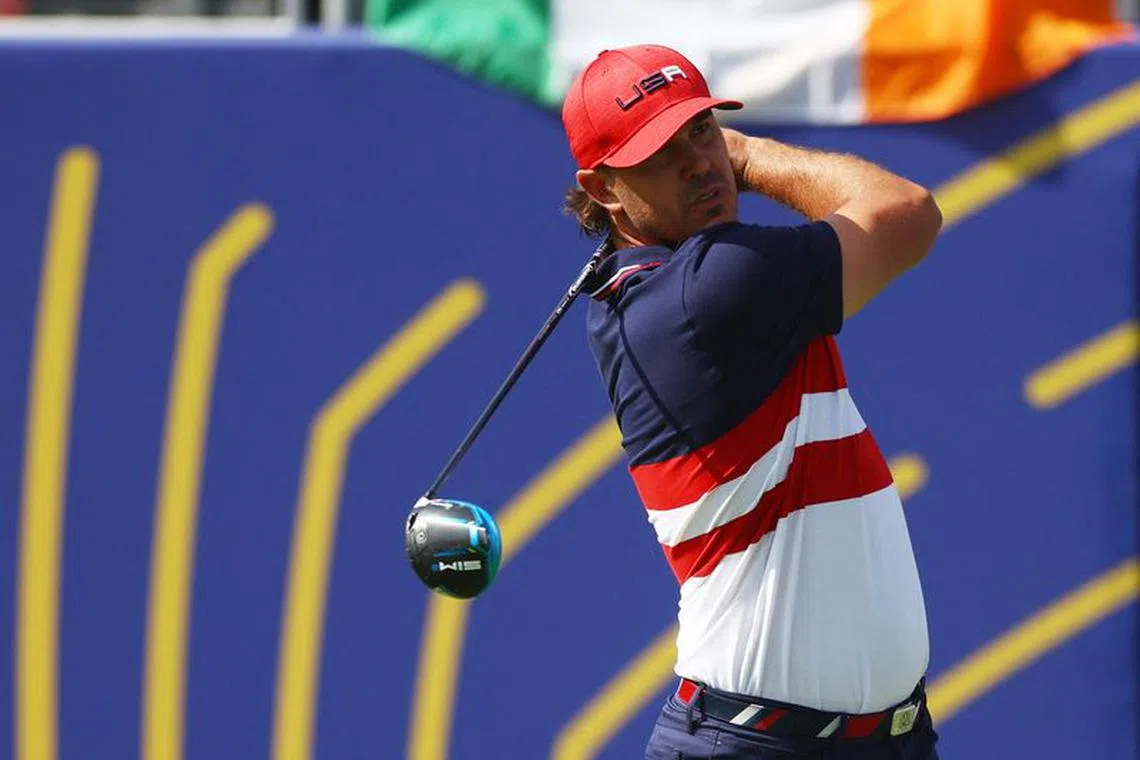Golf - The 2023 Ryder Cup - Marco Simone Golf &amp; Country Club, Rome, Italy - October 1, 2023 Team USA's Brooks Koepka tees off on the 1st hole during the Singles REUTERS/Carl Recine