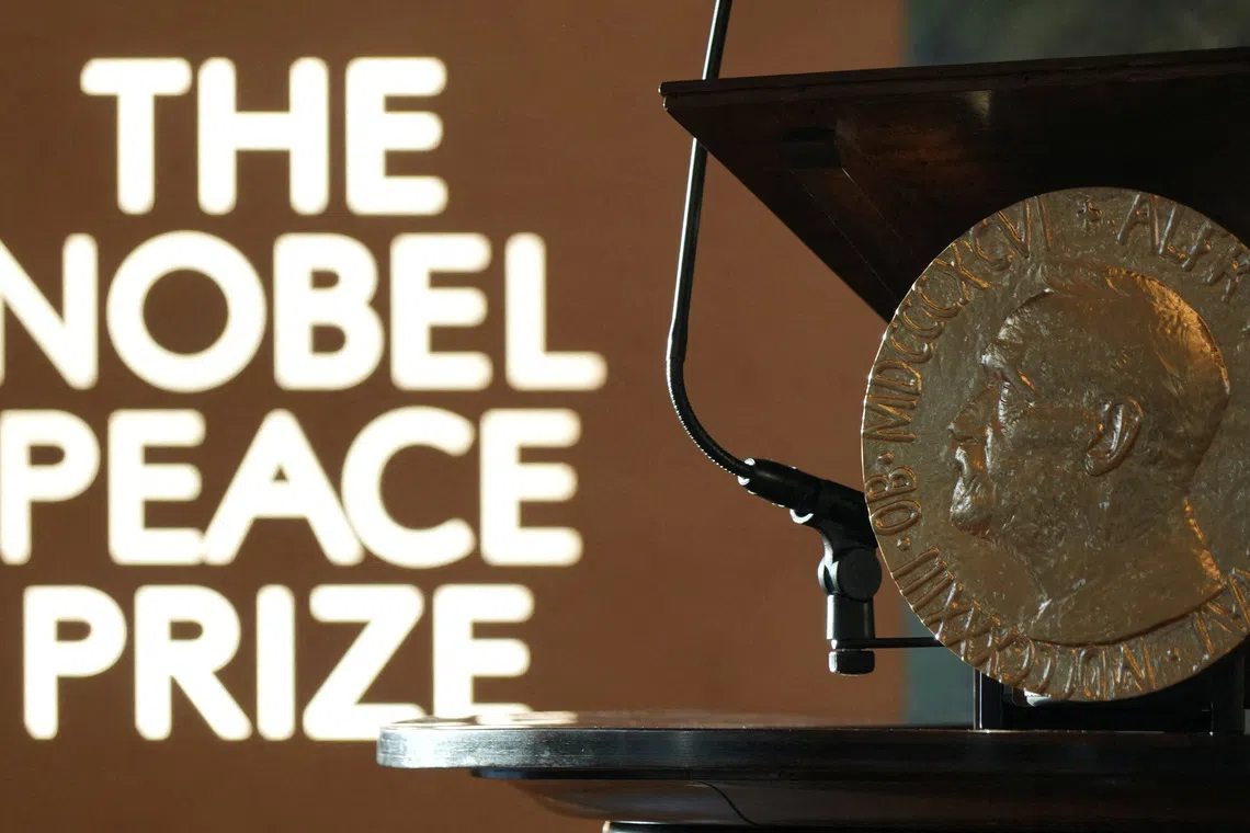 A replica of the Nobel Peace Medal is placed at the Norwegian Nobel Institute, where the laureate of the Nobel Peace Prize is announced, in Oslo, Norway, October 10, 2025. REUTERS/Tom Little