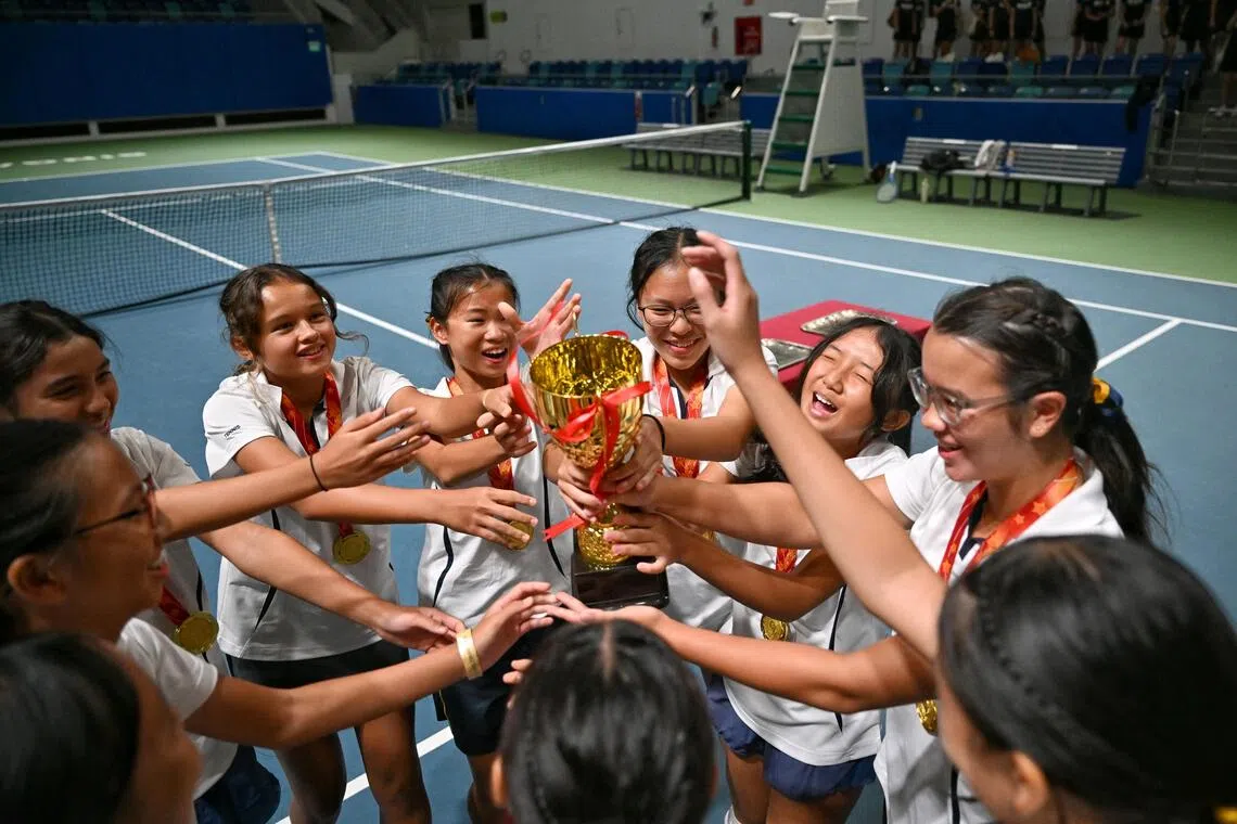 MGS players celebrating their win in the National School Games C Division at Kallang Tennis Hub on Aug 12.