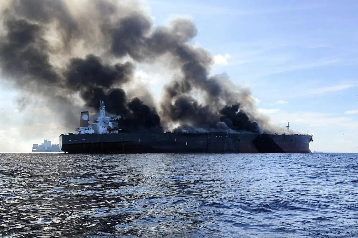 The Gabon-registered tanker was heading for Singapore from China when it caught fire in the South China Sea off the Johor coast on Monday.