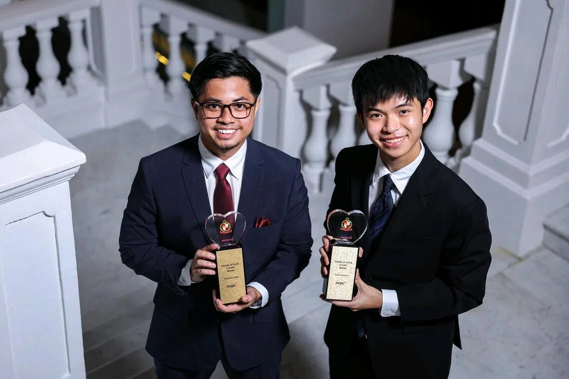 People of Good (Youth) category award recipients Ashsufi Hussin, 23, and Shoken Tsurumaru, 17, during the President’s Volunteerism & Philanthropy Awards ceremony at Raffles Hotel on Oct 7.