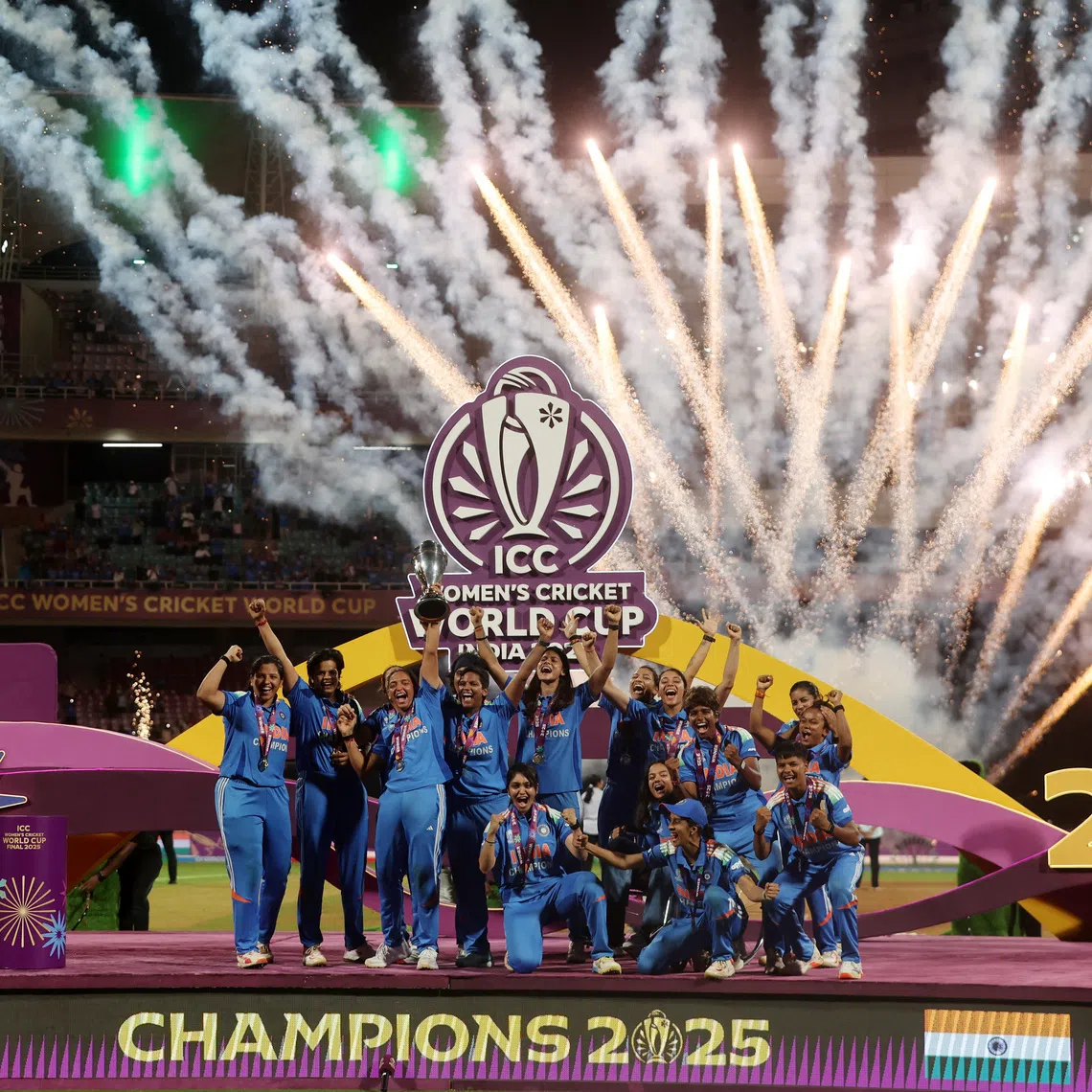 Cricket - ICC Women's World Cup - Final - India v South Africa - DY Patil Stadium, Navi Mumbai, India - November 2, 2025 India players celebrate with the trophy after winning the ICC Women's World Cup REUTERS/Francis Mascarenhas