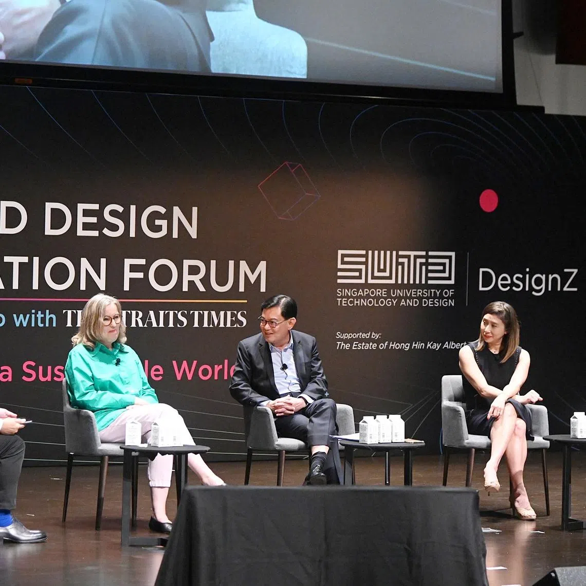 DPM Heng Swee Keat (centre) with panellists (from right) Chong Tow Chong, Roxanne Ong and Nathalie de Vries, and moderator Tai Lee Siang at SUTD's Design Innovation Forum on May 26.