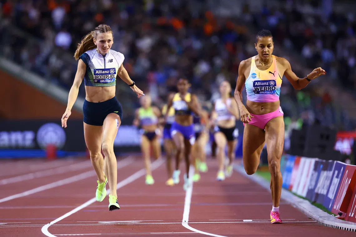 Switzerland’s Audrey Werro (right) crossing the line to win the women’s 800m final ahead of second placed Netherlands’ Femke Broeders-Bol.