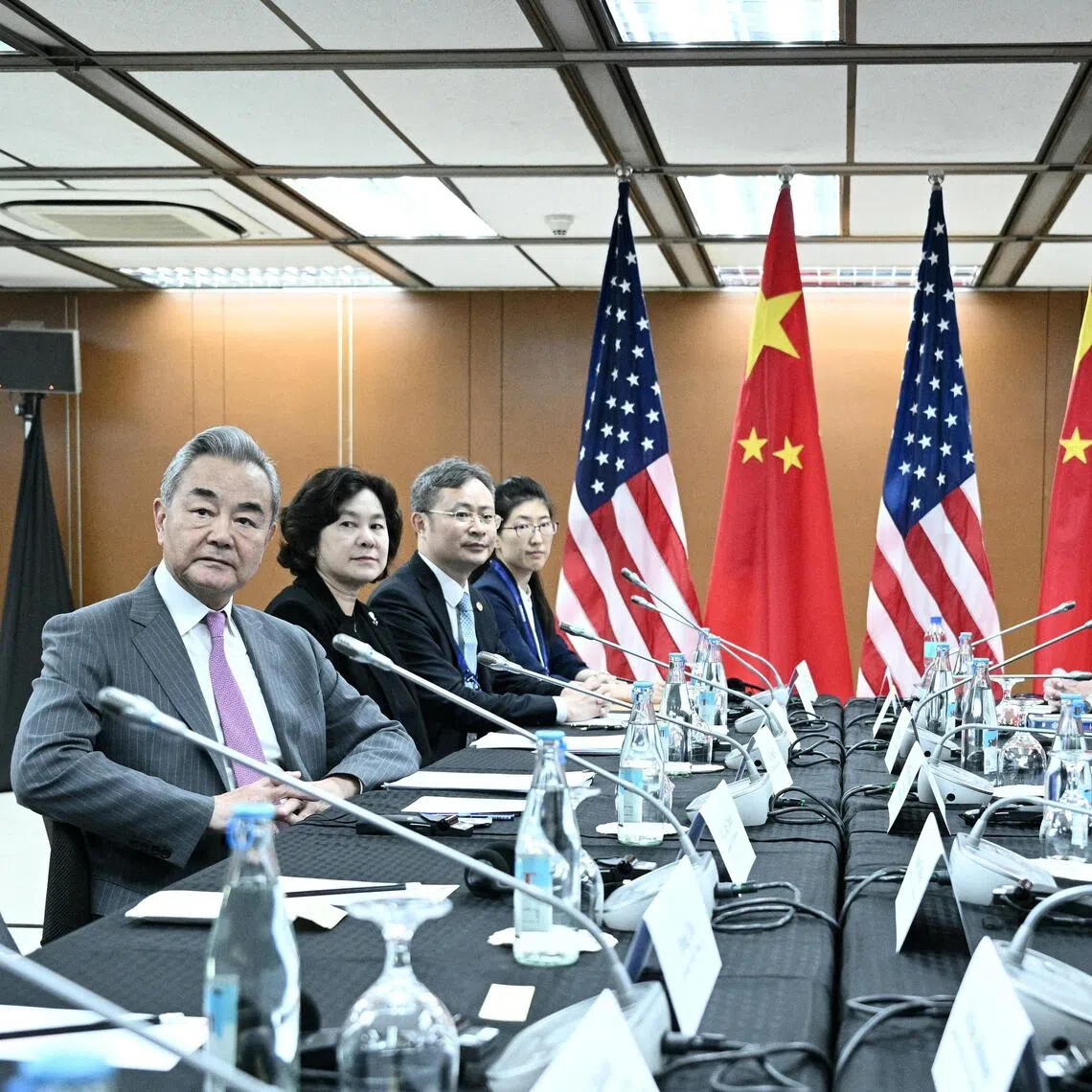 Chinese Foreign Minister Wang Yi (far left) meeting US Secretary of State Marco Rubio (far right) on the sidelines of the ASEAN Foreign Ministers’ Meeting in Pasay, the Philippines, in July.