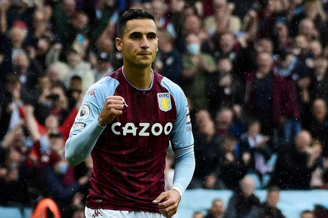 FILE PHOTO: Soccer Football - Premier League - Aston Villa v Newcastle United - Villa Park, Birmingham, Britain - August 21, 2021 Aston Villa's Anwar El Ghazi celebrates scoring their second goal from the penalty spot REUTERS/Rebecca Naden/File Photo