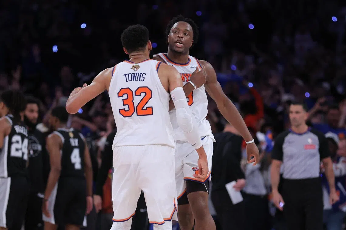 New York Knicks forward Og Anunoby and center Karl-Anthony Towns during the fourth quarter in Game 4 of the NBA Finals against the San Antonio Spurs.