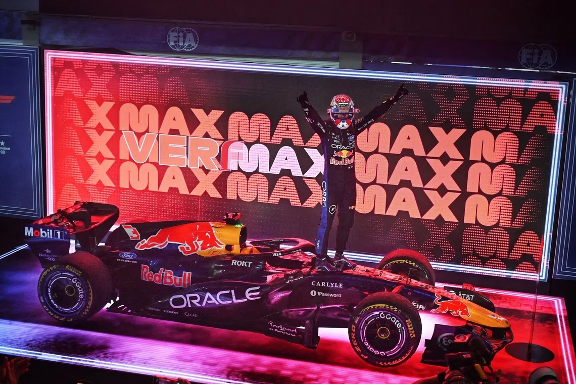 No. 3 Oracle Red Bull Racing, Dutch driver, Max Verstappen celebrates after winning the 2026 Singapore Grand Prix at Marina Bay Street Circuit on Oct 11, 2026. ST PHOTO: Chong Jun Liang [NOTE: F1 photos are for editorial use only and NOT for sale.]
