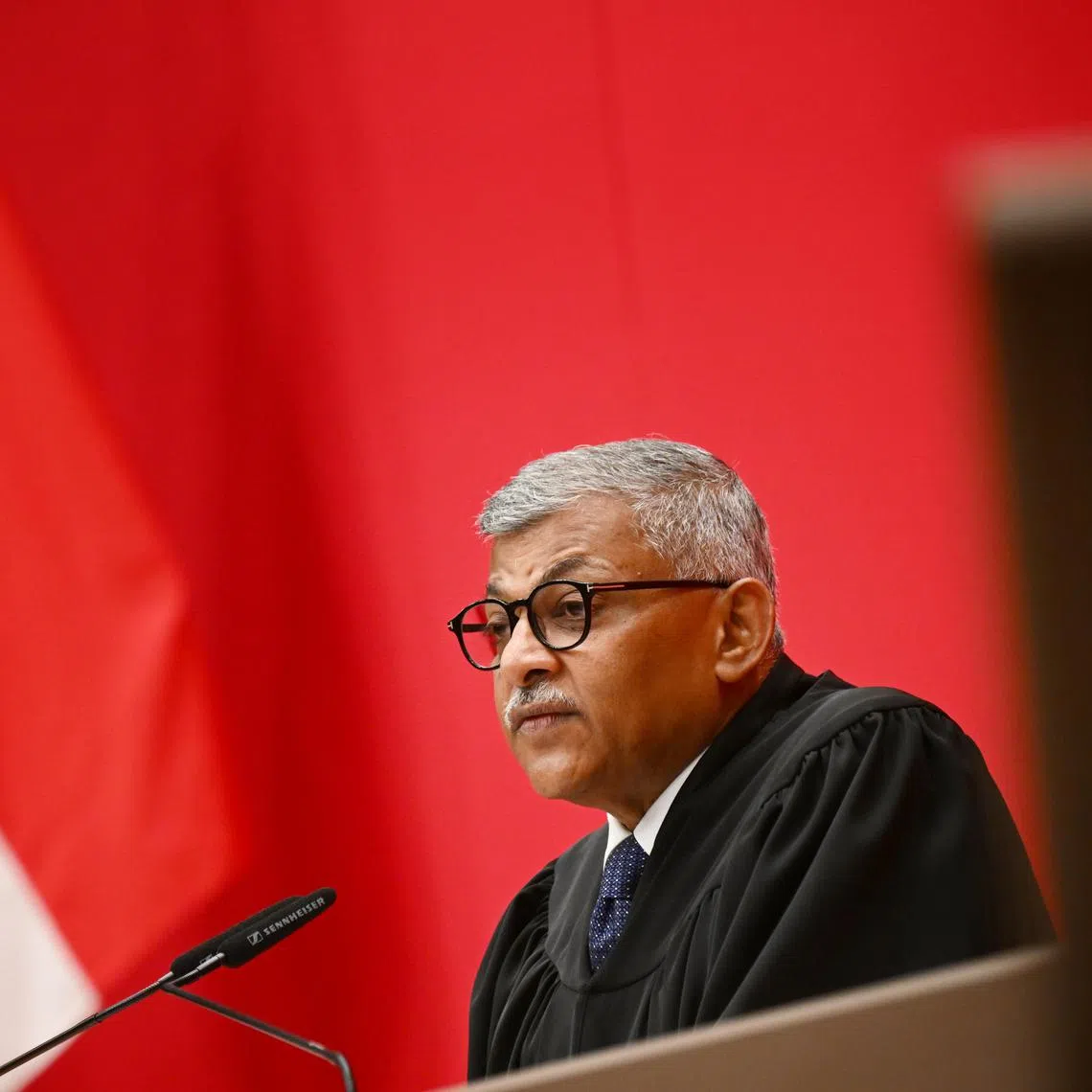 Chief Justice Sundaresh Menon speaking to 144 newly minted lawyers at the Supreme Court auditorium. The lawyers are among the first cohort to be admitted under a new framework. 