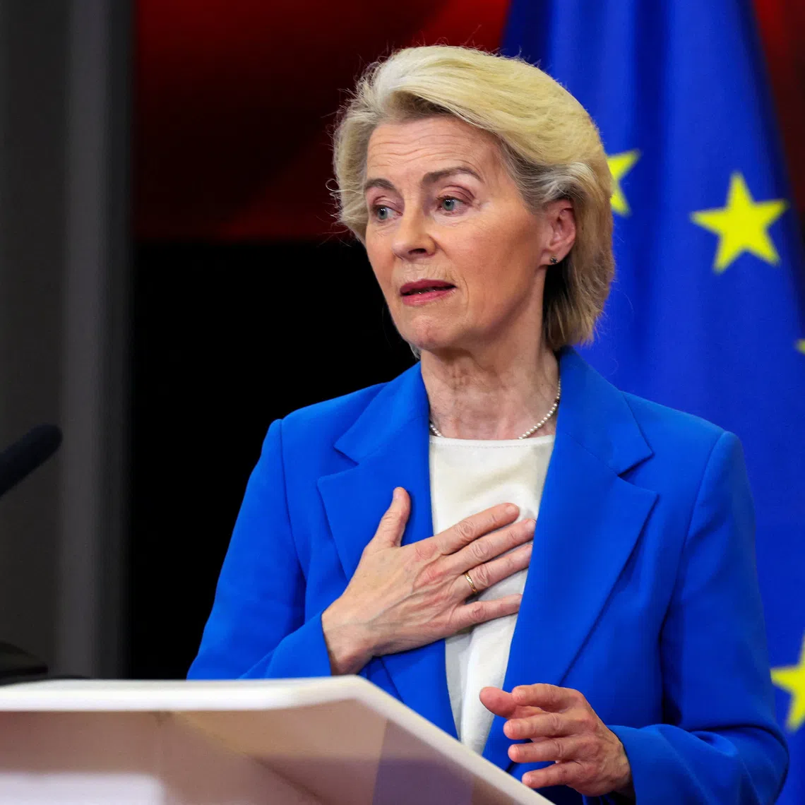 FILE PHOTO: European Commission President Ursula von der Leyen attends a press conference, during her visit to Skopje, North Macedonia October 2, 2026. REUTERS/Ognen Teofilovski/File Photo