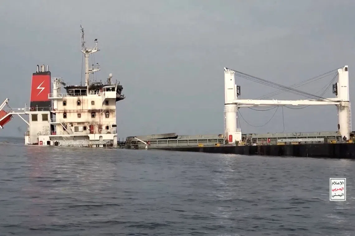 FILE PHOTO: A vessel said to be Greek-operated, Liberia-flagged Eternity C sinks in footage released by Yemen's Houthis, in the Red Sea, in this screen grab taken from a handout video released on July 9, 2025.    HOUTHI MEDIA CENTER/Handout via REUTERS/File Photo