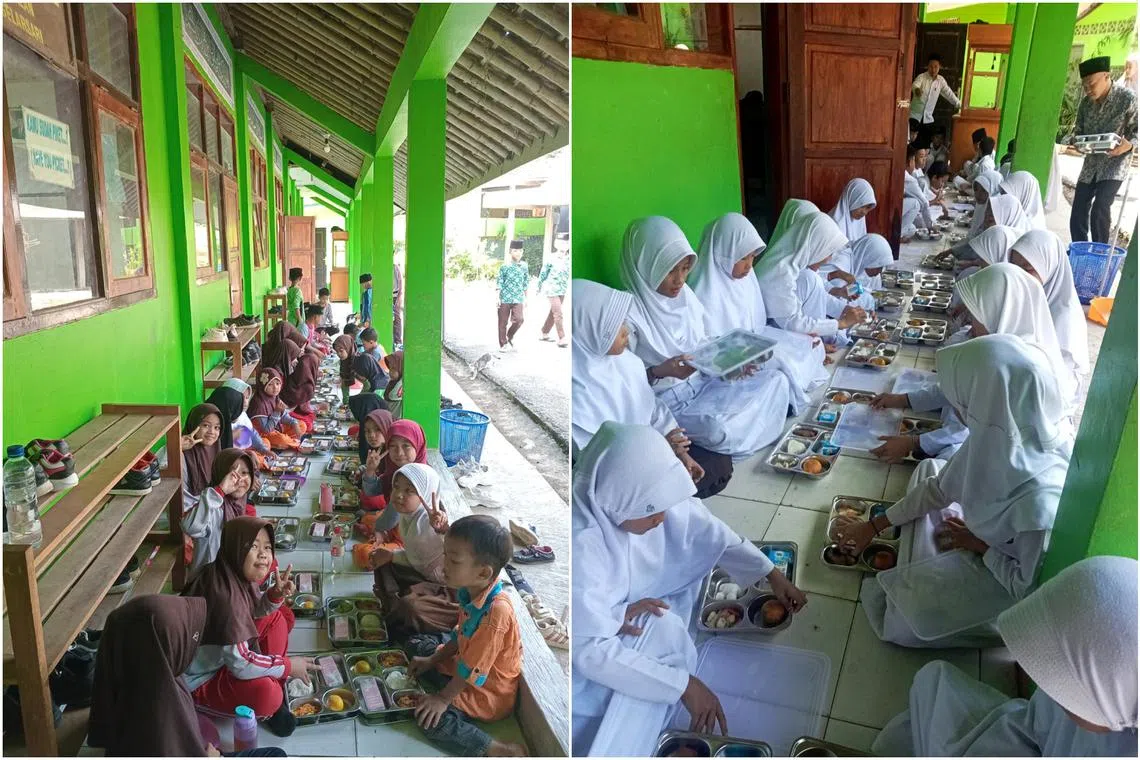 Students at Gelarsari Islamic elementary school in Sukabumi regency, West Java, having free lunch packages during a trial programme introduced by Indonesian president elect Prabowo Subianto.