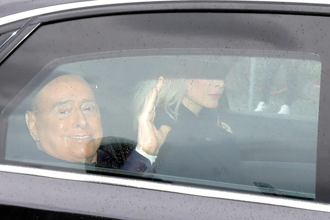 epa10638503 Silvio Berlusconi leaves the San Raffaele hospital after a 45-day of hospitalization, in Milan, northern Italy, 19 May 2023. The 86-year-old media magnate and ex-premier was admitted to hospital on 05 April for a lung infection linked to a previously undisclosed case of chronic leukaemia.  EPA-EFE/MATTEO BAZZI