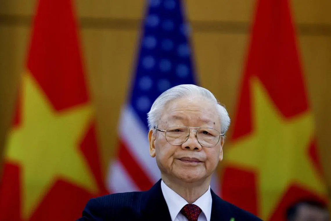 FILE PHOTO: Vietnam's Communist Party General Secretary Nguyen Phu Trong attends a joint statement with U.S. President Joe Biden at the Communist Party of Vietnam Headquarters in Hanoi, Vietnam, September 10, 2023. REUTERS/Evelyn Hockstein/File Photo