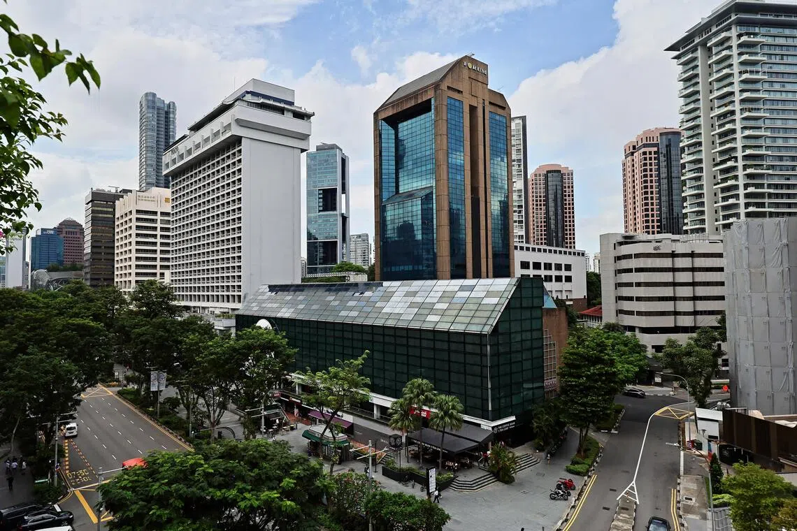 The assets under discussion are the HPL-owned voco Orchard hotel (left), Forum The Shopping Mall (centre) and HPL House (right).