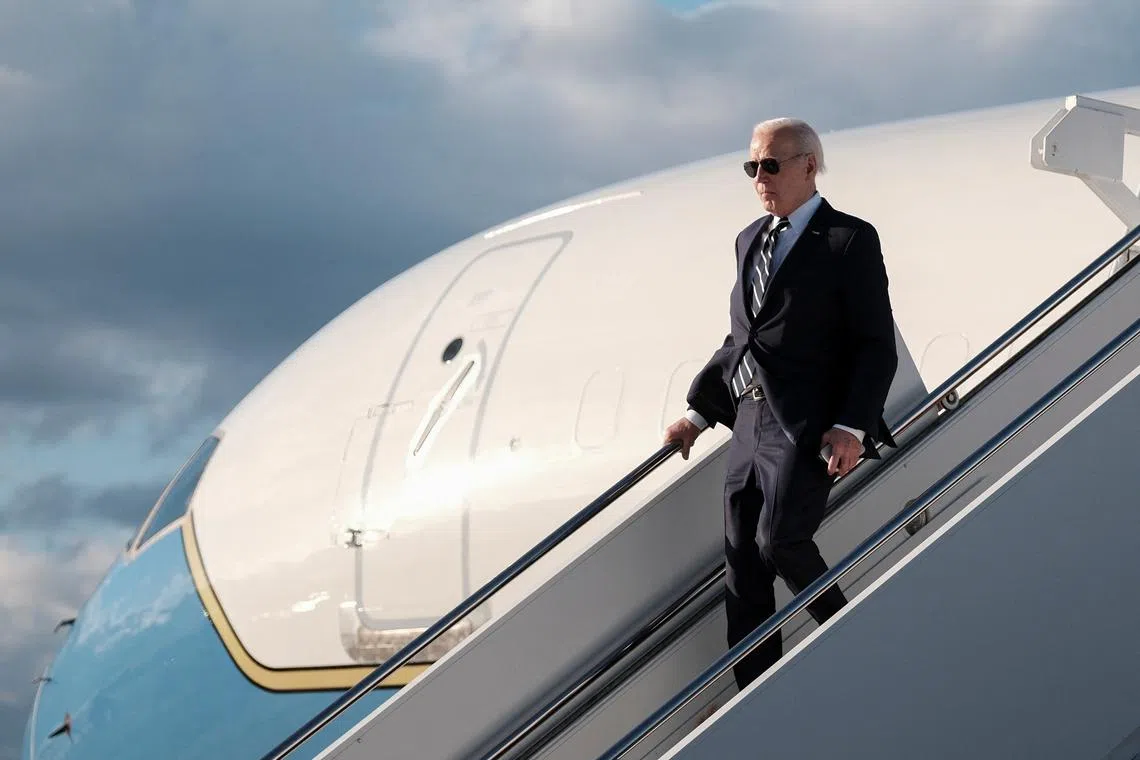 U.S. President Joe Biden disembarks from Air Force One at Dover Air Force Base, in Dover, Delaware, U.S., April 12, 2024. REUTERS/Michael A. McCoy