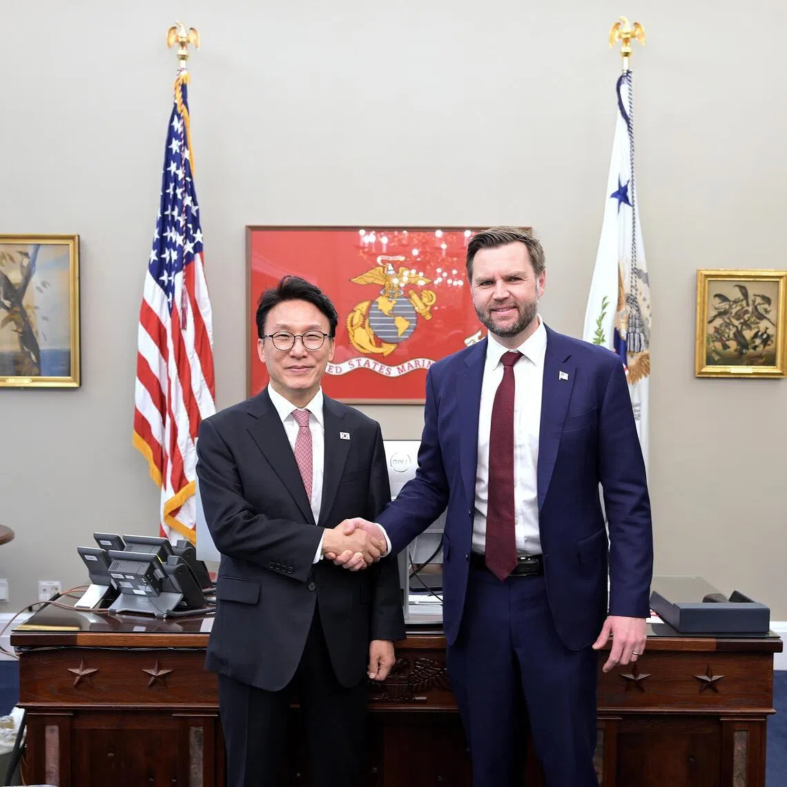 South Korea Prime Minister Kim Min‑seok with US Vice-President J.D. Vance ahead of their talks at the White House.
