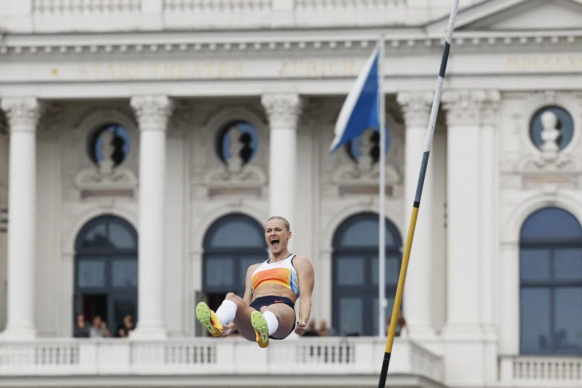 FILE PHOTO: Athletics - Diamond League - Final - Zurich - Zurich, Switzerland - August 27, 2025 Katie Moon of the U.S. reacts during the women's pole vault final REUTERS/Stefan Wermuth/File Photo