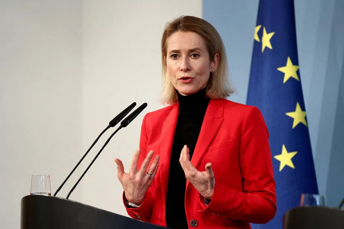FILE PHOTO: European Union High Representative for Foreign Affairs and Security Policy and European Commission Vice-President Kaja Kallas speaks, during a joint press conference with German Defence Minister Boris Pistorius (not pictured) in Berlin, Germany, January 13, 2026. REUTERS/Liesa Johannssen/File Photo