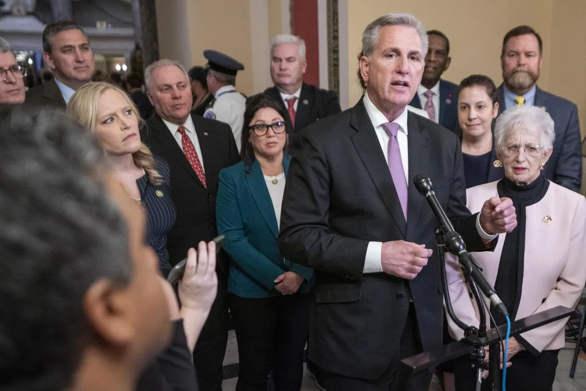 Republican House speaker Kevin McCarthy responds to a question from the news media, at the US Capitol in Washington, on March 24, 2023.